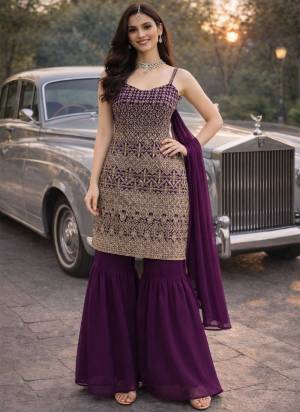 Garb These Beautiful Looking Readymade Sharara Suits.These Top And Dupatta Are Georgette And Bottom Are Georgette Fabricated.Its Beautified With Disigner Heavy Thread,Sequance Embroidery Work.