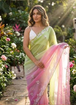 Looking These Party Wear Saree in Fine Sheded Colored.These Saree Are Pixal Crush And Blouse is Satin Fabricated.Its Beautified With Designer Sequance,Moti,Cut Dana Embroidery Work.