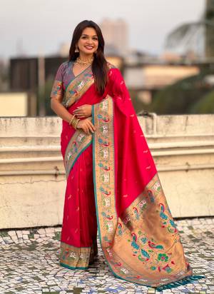 Looking These Party Wear Saree in Fine Colored.These Saree And Blouse is Fabricated On Paithani Silk.Its Beautified With Weaving Meenakari Peacock, Jari Designer.