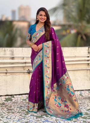 Looking These Party Wear Saree in Fine Colored.These Saree And Blouse is Fabricated On Paithani Silk.Its Beautified With Weaving Meenakari Peacock, Jari Designer.