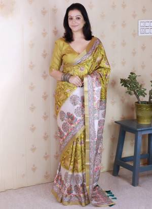 Attractive These Party Wear Saree in Fine Colored.These Saree And Blouse is Fabricated On Tussar Silk.Its Beautified With Wocen Jari Border Designer With Madhubani Digital Printed.