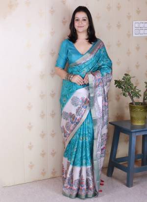 Attractive These Party Wear Saree in Fine Colored.These Saree And Blouse is Fabricated On Tussar Silk.Its Beautified With Wocen Jari Border Designer With Madhubani Digital Printed.
