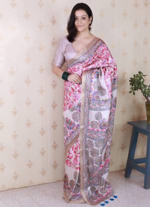 Attractive These Party Wear Saree in Fine Colored.These Saree And Blouse is Fabricated On Tussar Silk.Its Beautified With Wocen Jari Border Designer With Madhubani Digital Printed.