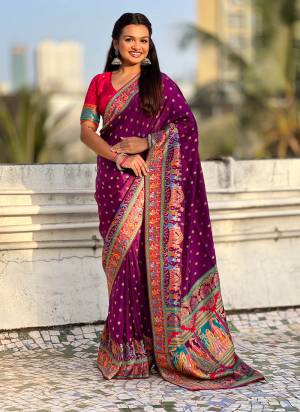 Looking These Party Wear Saree in Fine Colored.These Saree And Blouse is Fabricated On Viscose Silk.Its Beautified With Weaving Meenakari Jari Designer.