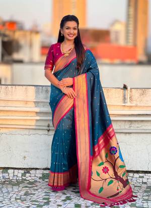 Looking These Party Wear Saree in Fine Colored.These Saree And Blouse is Fabricated On Paithani Silk.Its Beautified With Weaving Swan Meenakari Designer.