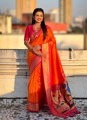 Looking These Party Wear Saree in Fine Colored.These Saree And Blouse is Fabricated On Paithani Silk.Its Beautified With Weaving Swan Meenakari Designer.