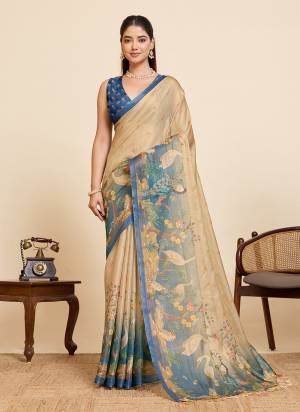 Attractive This Party Wear Saree Paired With Blouse.This Saree And Blouse Are Linen Fabric With Heavy Woven Jari With Printed Designer. Buy This Pretty Saree Now.