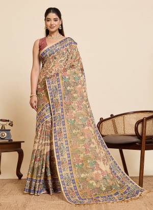 Attractive This Party Wear Saree Paired With Blouse.This Saree And Blouse Are Linen Fabric With Heavy Woven Jari With Printed Designer. Buy This Pretty Saree Now.