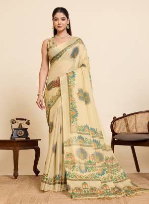 Attractive This Party Wear Saree Paired With Blouse.This Saree And Blouse Are Linen Fabric With Heavy Woven Jari With Printed Designer. Buy This Pretty Saree Now.