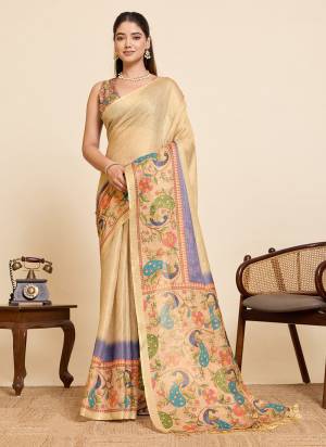 Attractive This Party Wear Saree Paired With Blouse.This Saree And Blouse Are Linen Fabric With Heavy Woven Jari With Printed Designer. Buy This Pretty Saree Now.