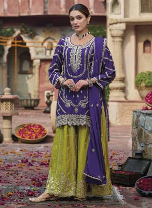 Purple colored palazzo style suit is prettified with Embroidery work and Sequence Work as shown which makes it appear classy. This top is made of Chinon fabric which is accompanied with Chinon Bottom,Chinon dupatta and Santoon Inner. Women can buy this suit to wear for their parties and functions.