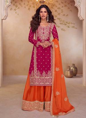 Pink colored Palazzo Style suit is prettified with Embroidery work and Sequence Work as shown which makes it appear classy. This top is made of Chinon fabric which is accompanied with Chinon Bottom,Chinon dupatta and Santoon Inner. Women can buy this suit to wear for their parties and functions.