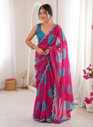Looking These Party Wear Saree in Fine Colored.These Saree Are Georgette And Blouse is Mono Banglori Fabricated.Its Beautified With Designer Bandhani Gola Printed With Mirror Cut Work Border.