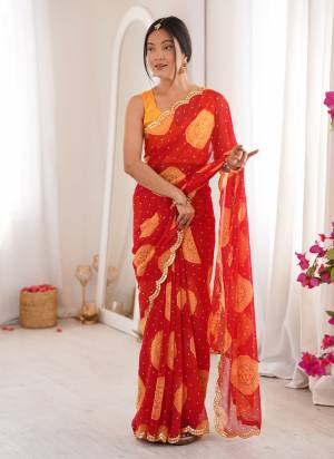 Looking These Party Wear Saree in Fine Colored.These Saree Are Georgette And Blouse is Mono Banglori Fabricated.Its Beautified With Designer Bandhani Gola Printed With Mirror Cut Work Border.