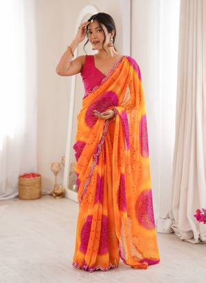 Garb These Party Wear Saree in Fine Colored.These Saree Are Georgette And Blouse is Mono Banglori Fabricated.Its Beautified With Designer Bandhani Printed With Mirror Cut Work Border.