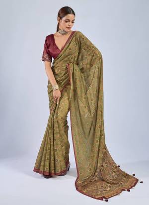 Looking These Fancy Party Wear Saree in Fine Colored.These Saree Are Chiffon And Blouse is Chiffon Fabricated.Its Beautified With Woven Patta Designer, Ajrak Printed,Sequance Work Blouse.