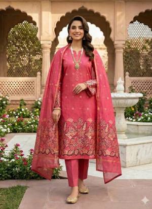 Garb This Suits In Lovely Color.Its Pretty Top Is Jacquard Silk Based Paired Bottom Santoon And Jacquard Silk Fabricated Dupatta Are Woven Jamdani Jacquard Designer. Which Gives An Attractive To The Dress.