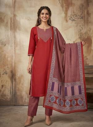 Attrective These Beautiful Looking Readymade Suits.These Top And Bottom Are Cotton And Dupatta is Fabricated On Cotton.Its Beautified With Solid Designer Printed,Hand Work.
