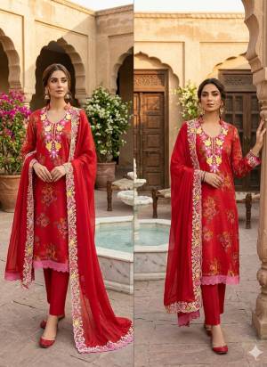 Garb This Suits In Lovely Color.Its Pretty Top Is Simmer Based Paired Bottom Santoon And Chanderi Fabricated Dupatta Are Designer Digital Printed With Embroidery Work .