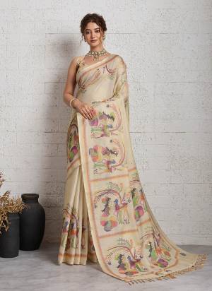 Attractive This Party Wear Saree Paired With Blouse.This Saree And Blouse Are Linen Fabric With Heavy Woven Jari With Printed Designer With Mirror Embroidery Work. Buy This Pretty Saree Now.