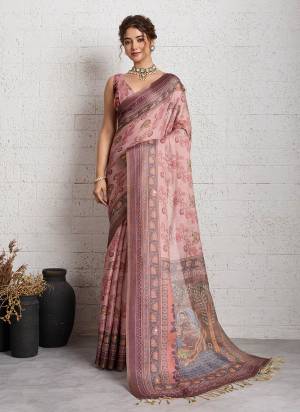 Attractive This Party Wear Saree Paired With Blouse.This Saree And Blouse Are Linen Fabric With Heavy Woven Jari With Printed Designer With Mirror Embroidery Work. Buy This Pretty Saree Now.