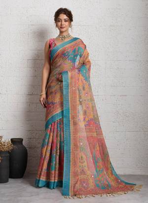 Attractive This Party Wear Saree Paired With Blouse.This Saree And Blouse Are Linen Fabric With Heavy Woven Jari With Printed Designer With Mirror Embroidery Work. Buy This Pretty Saree Now.