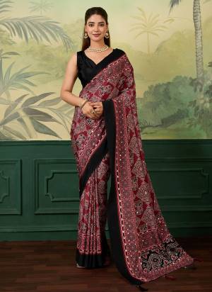 Looking This Party Wear Saree Paired With Blouse.This Saree And Blouse Are Chinon Silk Fabric With Designer Digital Printed With Mirror Work. Buy This Pretty Saree Now.