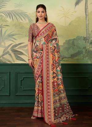 Garb This Party Wear Saree Paired With Blouse.This Saree And Blouse Are Crepe Silk Fabric With Designer Digital Printed With Mirror Work. Buy This Pretty Saree Now.