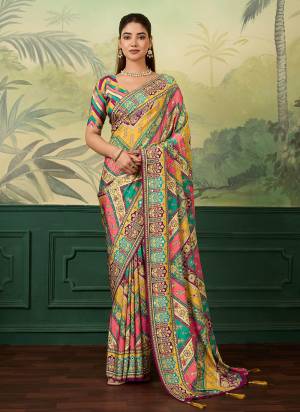 Garb This Party Wear Saree Paired With Blouse.This Saree And Blouse Are Crepe Silk Fabric With Designer Digital Printed With Mirror Work. Buy This Pretty Saree Now.