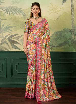 Garb This Party Wear Saree Paired With Blouse.This Saree And Blouse Are Crepe Silk Fabric With Designer Digital Printed With Mirror Work. Buy This Pretty Saree Now.