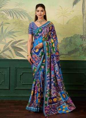 Garb This Party Wear Saree Paired With Blouse.This Saree And Blouse Are Crepe Silk Fabric With Designer Digital Printed With Mirror Work. Buy This Pretty Saree Now.