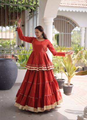 Looking These Beautiful Looking Navratri Wear Free Size Stitched Lahenga Choli.These Lahenga Are Cora Cotton And Blouse is Fabricated On Cora Cotton.Its Beautified With Designer Gota Patti Lace Work.