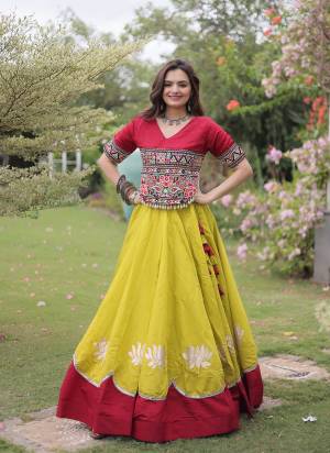 Looking These Beautiful Looking Navratri Wear Free Size Stitched Lahenga Top.These Lahenga Are Roman And Blouse Top is Fabricated On Roman.Its Beautified With Designer Kutchi Gamti Embroidery,Gota Lotus Flower, Mirror Lace Work.