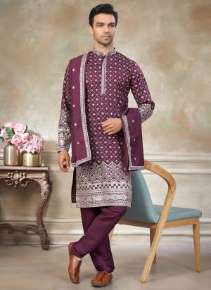 Looking These Party Wear Mans Wear Kutra Payjama With Dupatta wearing this fashionable. Tailored Kurta Are Silk And Payjama Silk And Silk Dupatta finest Fabriced With Designer Embroidery Work.