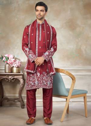 Looking These Party Wear Mans Wear Kutra Payjama With Dupatta wearing this fashionable. Tailored Kurta Are Silk And Payjama Silk And Silk Dupatta finest Fabriced With Designer Embroidery Work.