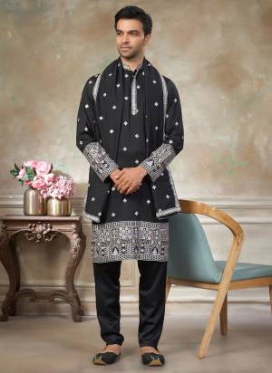 Looking These Party Wear Mans Wear Kutra Payjama With Dupatta wearing this fashionable. Tailored Kurta Are Silk And Payjama Silk And Silk Dupatta finest Fabriced With Designer Embroidery Work.