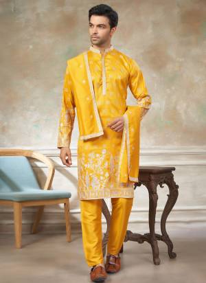 Looking These Party Wear Mans Wear Kutra Payjama With Dupatta wearing this fashionable. Tailored Kurta Are Silk And Payjama Silk And Silk Dupatta finest Fabriced With Designer Embroidery Work.