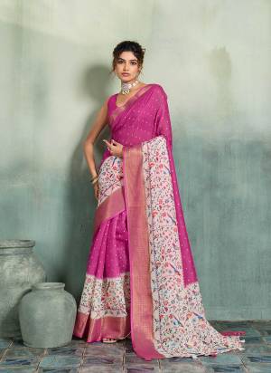 Garb This Party Wear Saree Paired With Blouse.This Saree Are Linen And Blouse Are Linen Fabric With Woven Jari Border Designer With Printed. Buy This Pretty Saree Now.