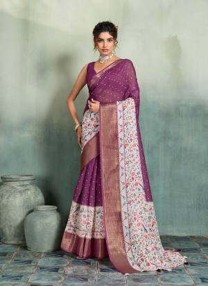 Garb This Party Wear Saree Paired With Blouse.This Saree Are Linen And Blouse Are Linen Fabric With Woven Jari Border Designer With Printed. Buy This Pretty Saree Now.