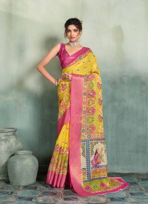 Garb This Party Wear Saree Paired With Blouse.This Saree Are Linen And Blouse Are Linen Fabric With Woven Jari Border Designer With Printed. Buy This Pretty Saree Now.