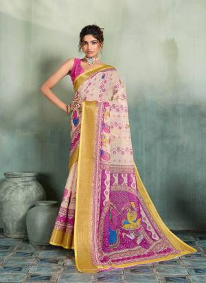 Garb This Party Wear Saree Paired With Blouse.This Saree Are Linen And Blouse Are Linen Fabric With Woven Jari Border Designer With Printed. Buy This Pretty Saree Now.