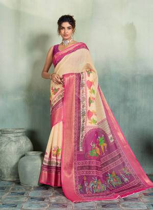 Garb This Party Wear Saree Paired With Blouse.This Saree Are Linen And Blouse Are Linen Fabric With Woven Jari Border Designer With Printed. Buy This Pretty Saree Now.