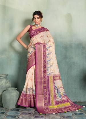 Garb This Party Wear Saree Paired With Blouse.This Saree Are Linen And Blouse Are Linen Fabric With Woven Jari Border Designer With Printed. Buy This Pretty Saree Now.
