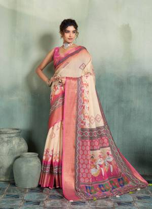 Garb This Party Wear Saree Paired With Blouse.This Saree Are Linen And Blouse Are Linen Fabric With Woven Jari Border Designer With Printed. Buy This Pretty Saree Now.