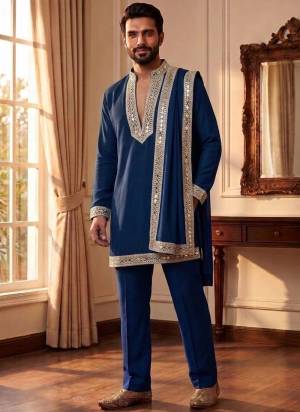 Looking These Party Wear Mans Wear Kutra Pant With Dupatta wearing this fashionable. Tailored Kurta And Dupatta Are Lachaka Silk And Payjama Lachaka Silk finest Fabriced With Designer real Mirror Embroidery Work and fashioned with a banded collar for a dash of style.