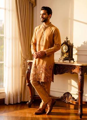 Looking These Party Wear Mans Wear Kutra Payjama in Fine Color. These Kurta Are Linen And Payjama Linen Fabriced With Designer  Embroidery With Hand Work .