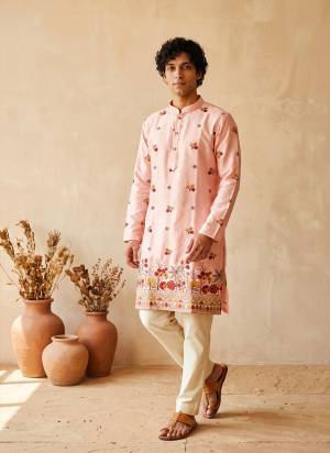 Looking These Party Wear Mans Wear Kutra Payjama in Fine Color. These Kurta Are Silk And Payjama Cotton Fabriced With Designer  Embroidery Work .