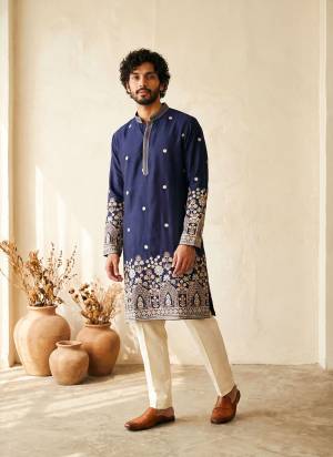 Looking These Party Wear Mans Wear Kutra Payjama in Fine Color. These Kurta Are Silk And Payjama Cotton Fabriced With Designer  Embroidery Work .