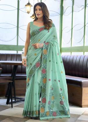 Looking These Fancy Party Wear Saree in Fine Colored.These Saree Are Handloom Linen And Blouse is Handloom Linen Fabricated.Its Beautified With Woven Jacquard Multy Thread Designer.