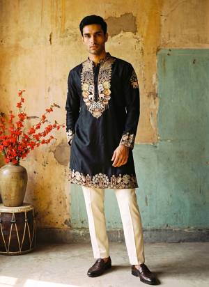 Looking These Party Wear Mans Wear Kutra Payjama in Fine Color. These Kurta Are Silk And Payjama Cotton Fabriced With Designer Embroidery Work .